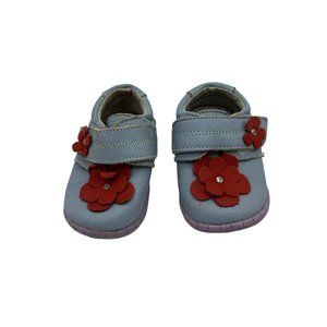 Pedoodles Sandq leather‎ baby shoes girl blue red flower 12-18 months